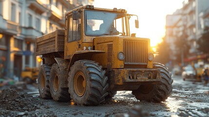 Obraz premium City street dumper truck sunset repair work
