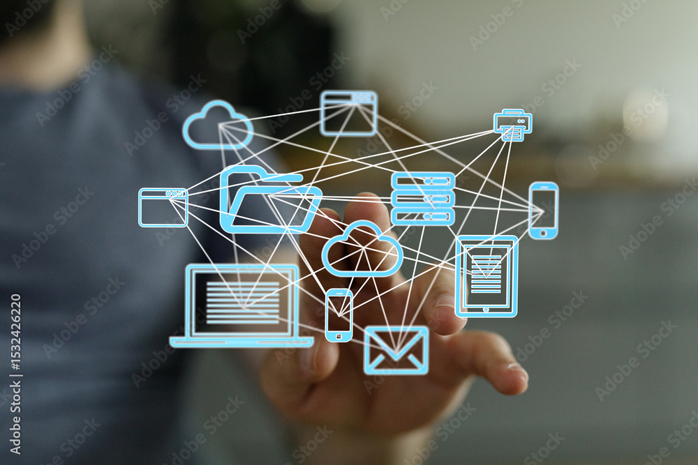Poster Image depicts interconnected devices, showcasing cloud computing, data sharing and network technology.