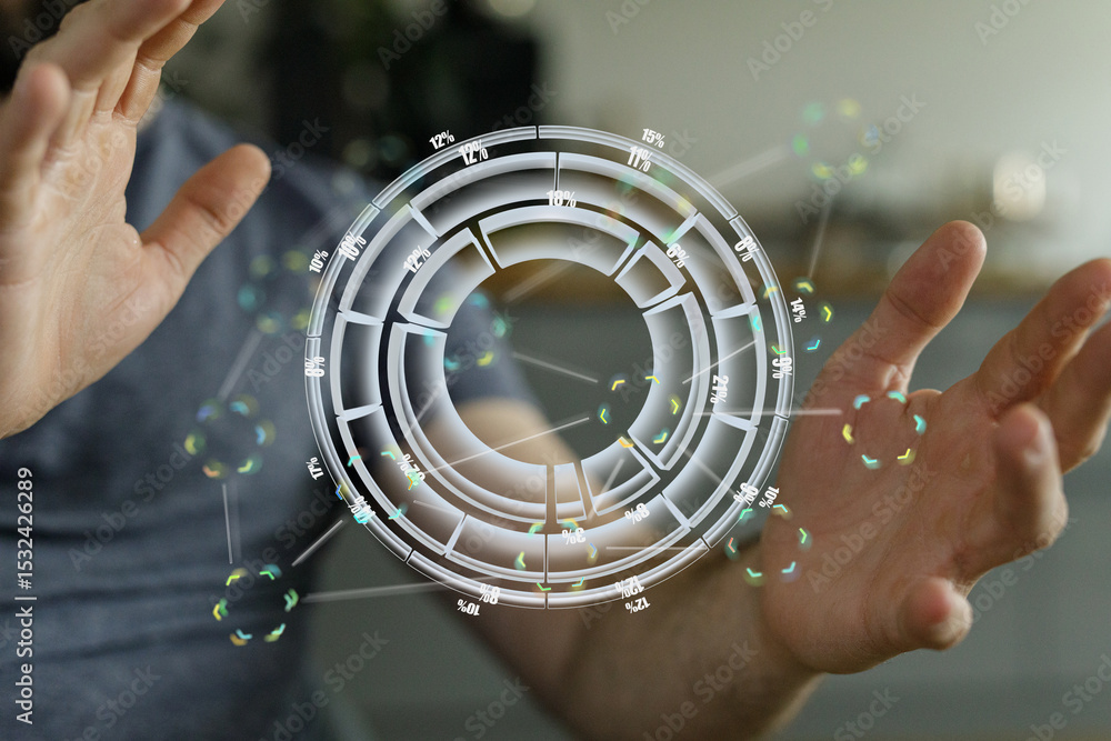 Poster futuristic business analytics concept. a person interacts with a 3d data chart.