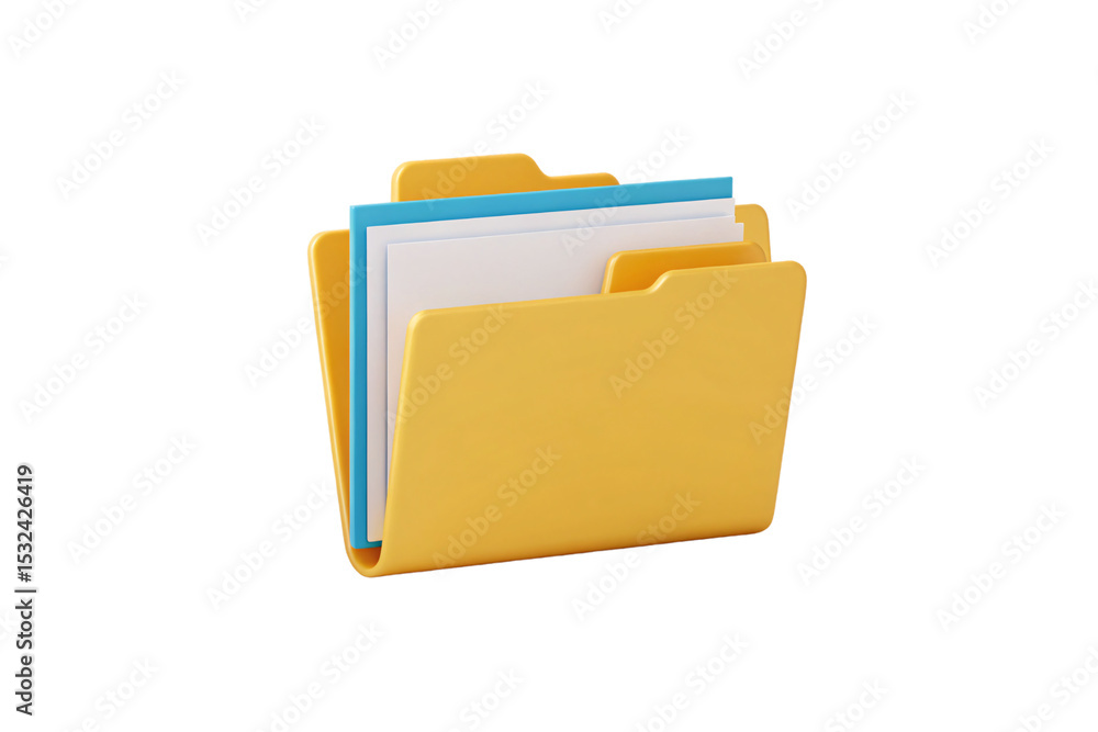 Poster yellow folder with blue and white documents stacked inside in 3d style, isolated on a transparent ba