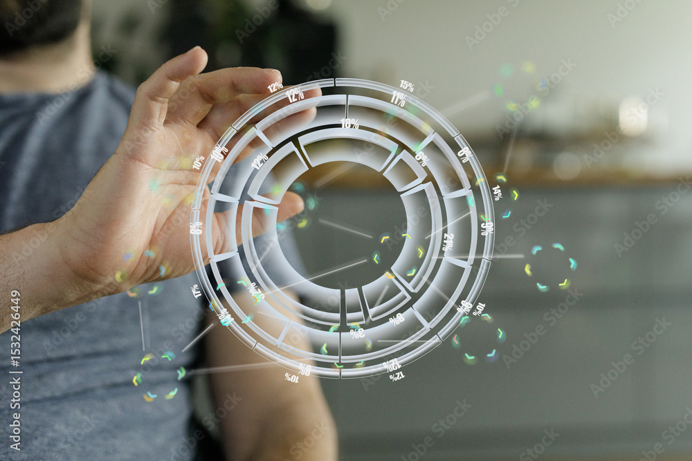 Poster a person uses a holographic interface to analyze data, showcasing modern technology and data analysi