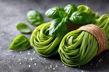 Obraz premium Fresh green pasta with basil leaves prepared for a delicious meal on dark stone background