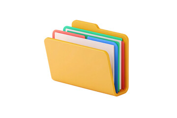 Yellow folder containing multiple colored documents with visible tabs in 3D rendering, isolated on a transparent background
