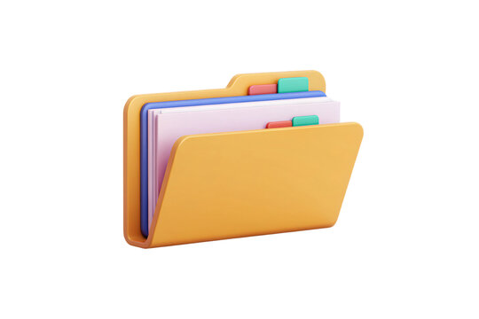 Orange folder icon with colorful documents and tabs in 3D rendered style, isolated on a transparent background