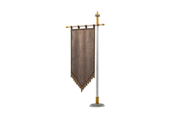 Fototapeta premium Brown medieval banner with decorative fringe on silver pole, aged fabric flag, isolated on a transparent background