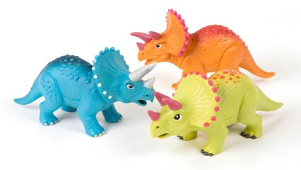 Naklejka premium Vibrant plastic Triceratops dinosaur toys a fun colorful collection perfect for kids imaginative play educational toy learning prehistoric animals paleontology gift