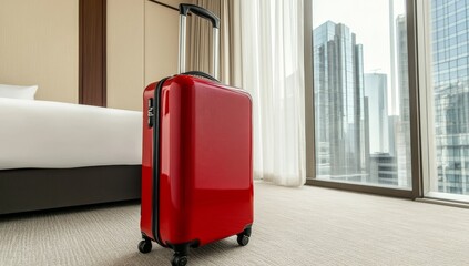 The modern hotel room of a stylish traveler contains plastic hard shell luggage equipped with an extended telescopic handle