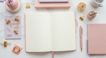 Open blank journal on a marble desk with pink stationery and gold office supplies in a neat flat lay, perfect for creative planning or organized work.