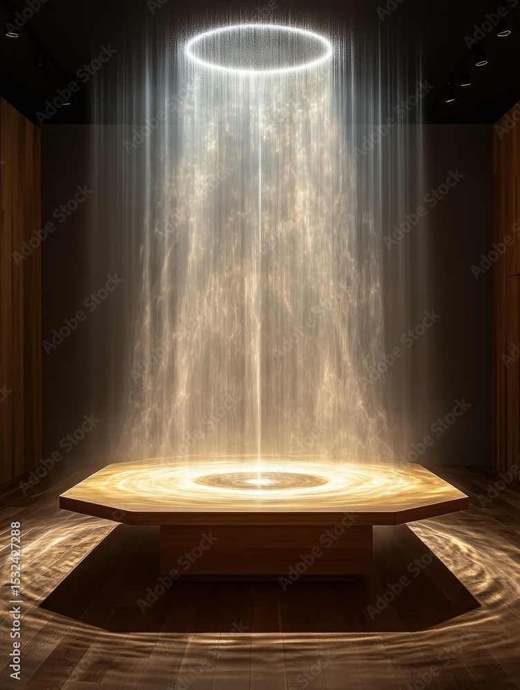 Poster ethereal light portal: a mesmerizing display of radiant energy converging on a wooden platform, blur