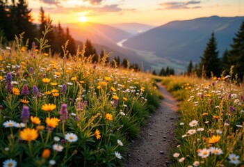 Vibrant wildflower meadow with a mountain trail at sunset creating a peaceful scene
