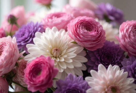 A vibrant bouquet featuring pink, purple, and white flowers in full bloom