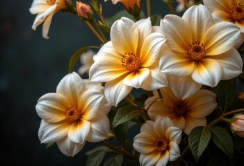 Fototapeta premium Beautiful bouquet of cream and orange flowers with lush green leaves