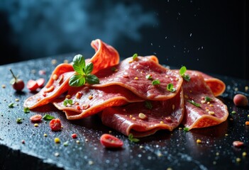 Fresh raw beef slices garnished with herbs and spices on a dark surface