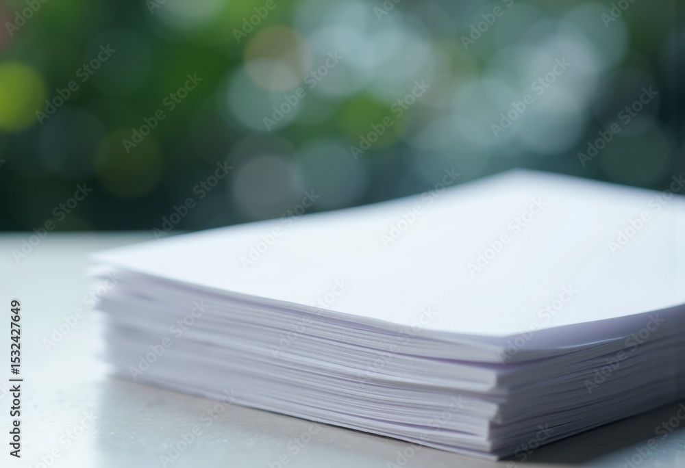 Poster a close-up of a neatly stacked pile of white paper sheets on a smooth surface