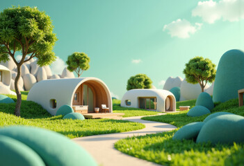 Modern eco-friendly tiny homes with curved designs in a lush green landscape under a bright sky