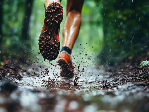 Muddy trail running during rainfall in a lush forest setting