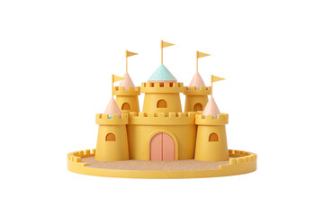Fototapeta premium Whimsical multi-tower sandcastle with pastel pink and teal accents, yellow flags, isolated on a transparent background
