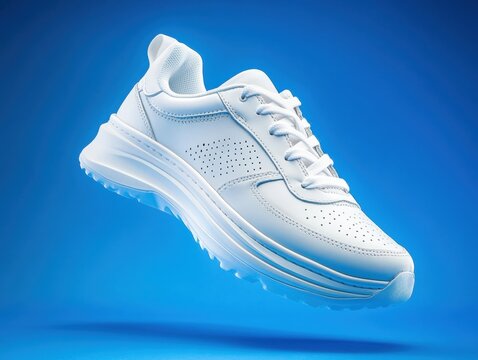 Lightweight running shoes in dynamic pose against bright blue backdrop
