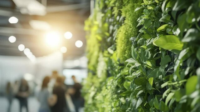 Indoor Vertical Garden Wall with Green Plants in Office Space and Blurred People