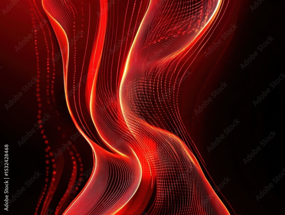 Poster flowing red lines create a dynamic abstract pattern in dark background