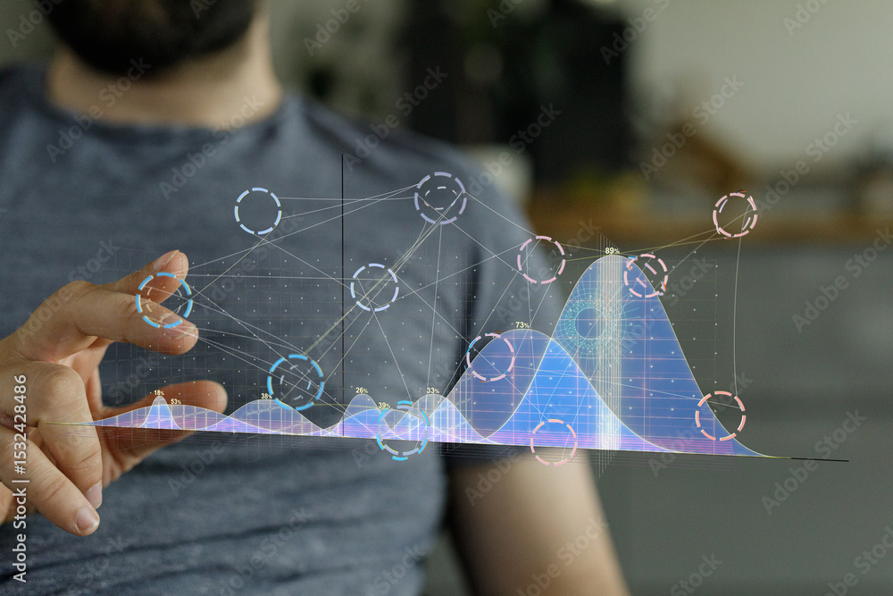 Aufkleber Close-up of a man interacting with a holographic graph, showcasing data analysis and technology.