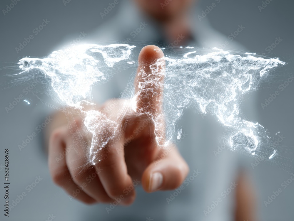 Poster digital touch unveils a glowing world map in futuristic setting