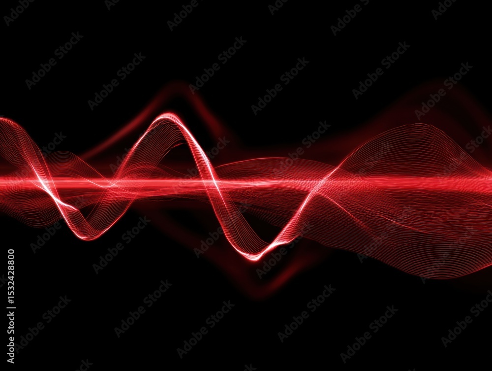 Poster vibrant red wave patterns illustrating sound frequencies in motion