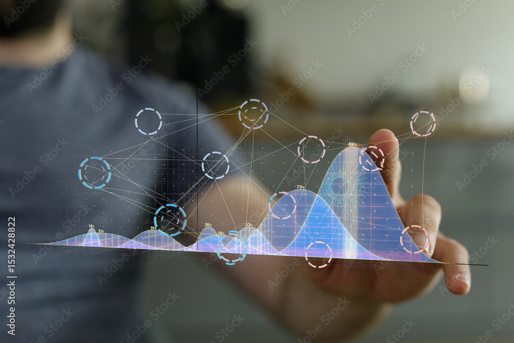 Poster Man interacts with a holographic graph showing business growth and data analysis.