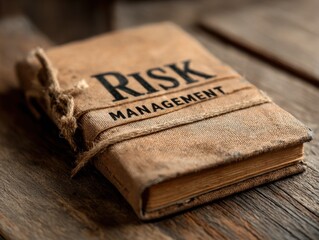 Risk management notebook sits on a rustic wooden table in a cozy setting