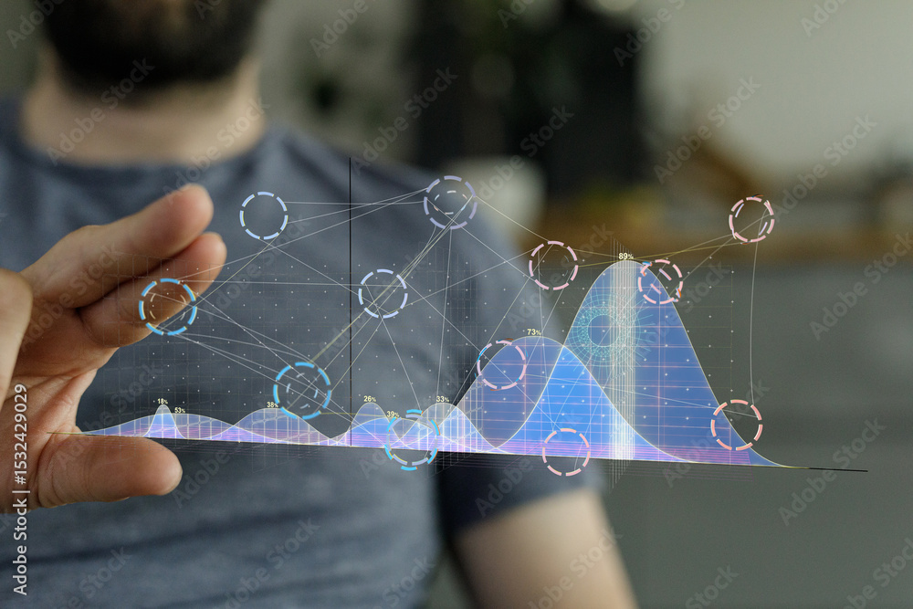 Aufkleber Stock photo of a man interacting with a holographic display showing data charts and graphs.