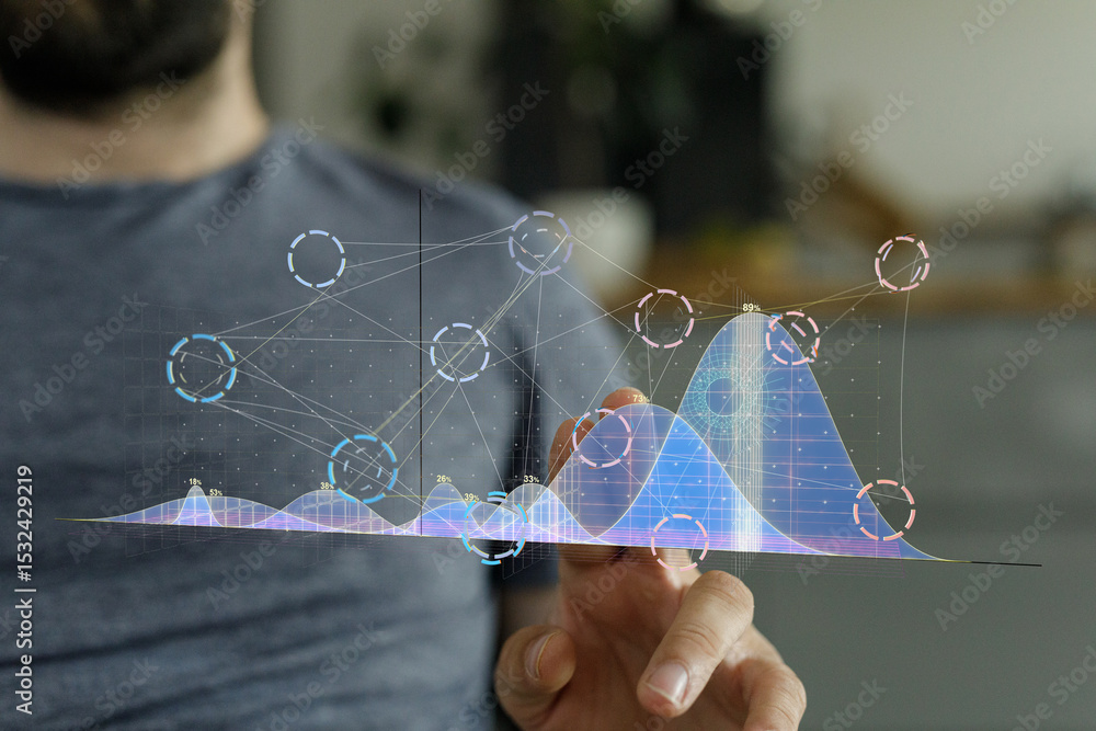 Poster Close-up of a man's hand interacting with a holographic display showing complex data graphs and charts.
