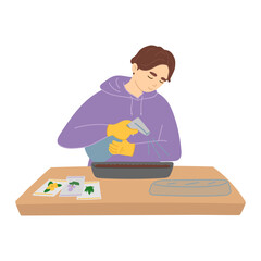 Man sowing seeds in spring in flat cartoon design. Happy gardener with spray bottle watering soil in growing tray for planting flower seeds. Gardening tools and farming equipment. Vector illustration