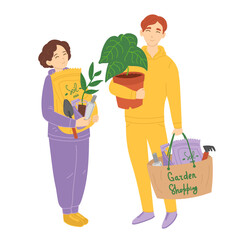 Man and woman shopping in garden store in flat cartoon design. Happy buyers holds houseplant and bag with soil mix packages, seedlings, spray bottles and other gardening tools. Vector illustration