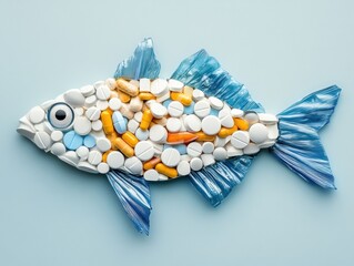 Creative representation of a fish made from various pills and capsules