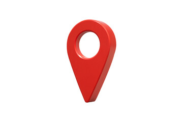 Single red location pin marker icon in three-dimensional style commonly used for GPS navigation and mapping applications, isolated on a transparent background