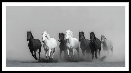 Majestic Black and White Photography of a Wild Horse Herd Running in Dust Cloud Depicting Freedom and Power in a Beautiful Natural Landscape