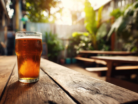 Refreshing craft beer served in a glass on a warm outdoor evening