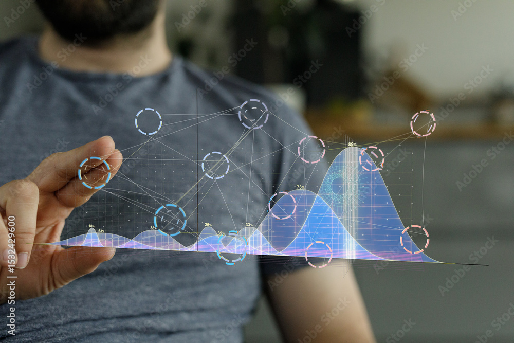 Aufkleber A man interacts with a holographic display showing complex data visualizations, graphs, and charts.