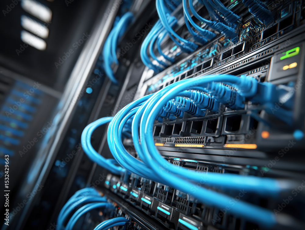 Poster network cables intertwine in a data center during a technology upgrade