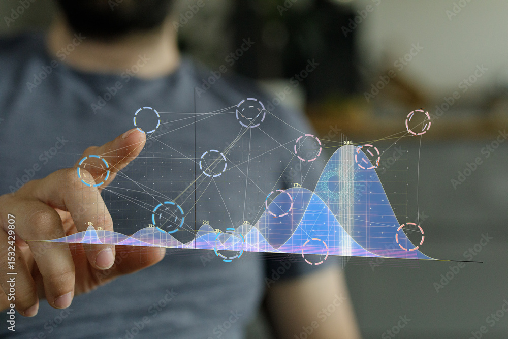 Poster Close-up of a man's hand interacting with a holographic graph, showcasing data analysis and technology.