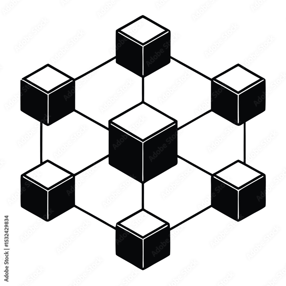 Poster Abstract illustration of interconnected cubes representing networks data or blockchain technology.