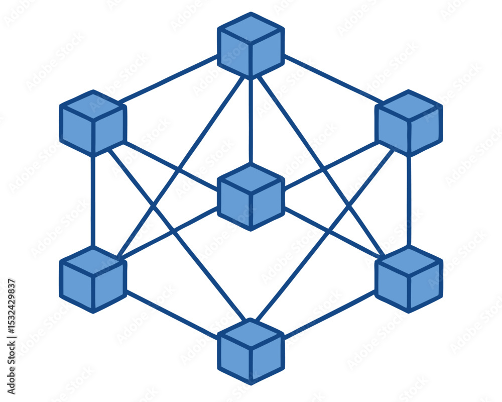 Poster abstract illustration of connected cubes representing a decentralized data network in blue.