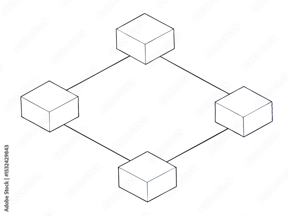 Poster simple geometric diagram illustrating connections between four cubes in a network structure