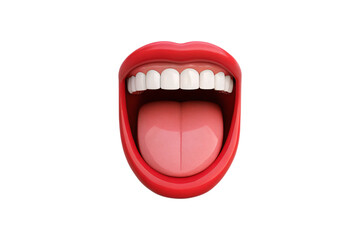 Naklejka premium Red lips and mouth showing white teeth with pink tongue in open speaking position, isolated on a transparent background