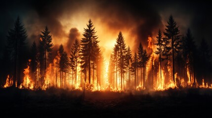 forest fire with tall trees engulfed in bright orange flames. The scene is dramatic, with smoke rising into the dark sky.