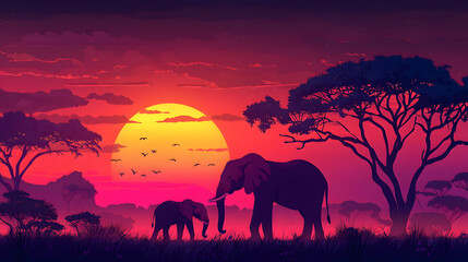 Family of elephants at sunset in the national park of Africa