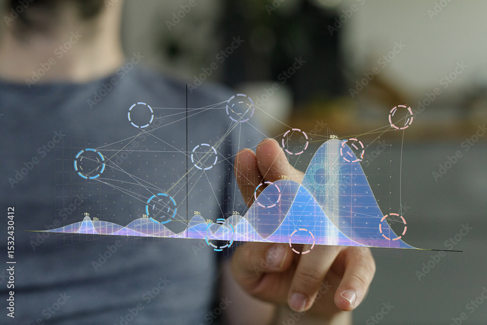 Fototapete A person interacts with a holographic display showing complex data charts and graphs, visualizing trends and insights.