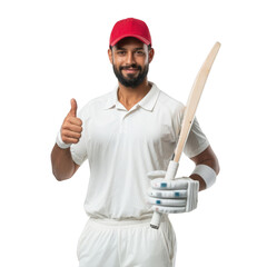 Portrait of a cricket player in uniform with a red cap giving a thumbs up holding cricket bat
