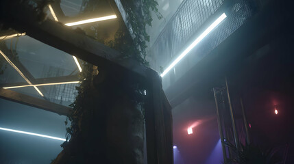 with neon vines and mechanical flora glowing in soft blue and magenta