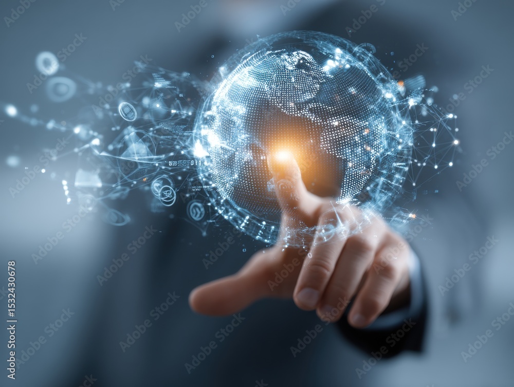 Poster interacting with a digital globe in a business environment